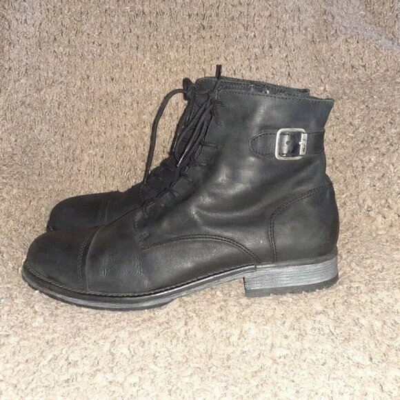 JACK & JONES-Black Oiled Leather Ankle Boots-Side Zip-Lace Up-Sz 43/10-NWOB - Picture 2 of 8